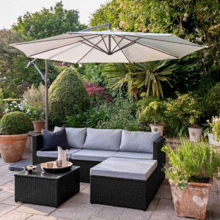 Weston 4 Seater Rattan Garden Corner Sofa Set with Cream Lean Over Parasol & Base - Black Weave
