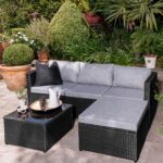 Weston 4 Seater Rattan Garden Corner Sofa Set with Cream Lean Over Parasol & Base - Black Weave - Image 6