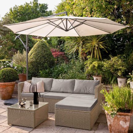 Weston 4 Seater Rattan Garden Corner Sofa Set with Cream Lean Over Parasol - Natural Weave