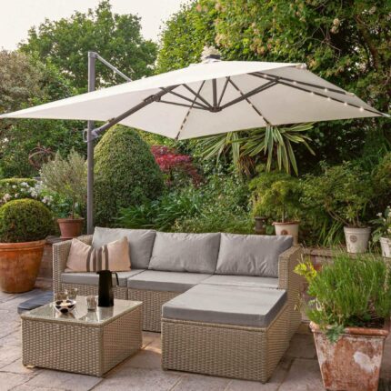 Weston 4 Seater Rattan Garden Corner Sofa Set with Cream LED Premium Parasol - Natural Weave