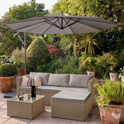 Weston 4 Seater Rattan Garden Corner Sofa Set with Grey Lean Over Parasol - Natural Weave