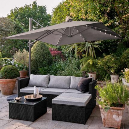Weston 4 Seater Rattan Garden Corner Sofa Set with Grey LED Premium Cantilever Parasol & Base - Black Weave