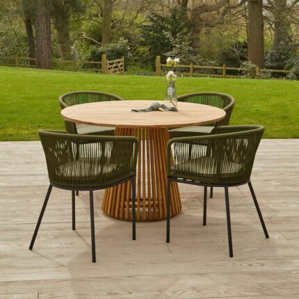 Willow 4 Seater Round Wooden Garden Dining Set - Hali Green Chairs