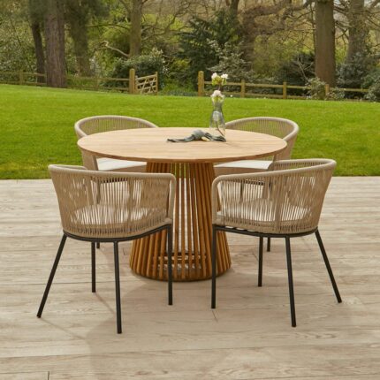 Willow 4 Seater Round Wooden Garden Dining Set - Hali Natural Chairs