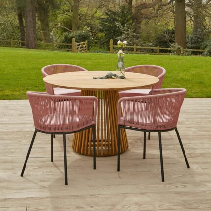 Willow 4 Seater Round Wooden Garden Dining Set - Hali Pink Chairs