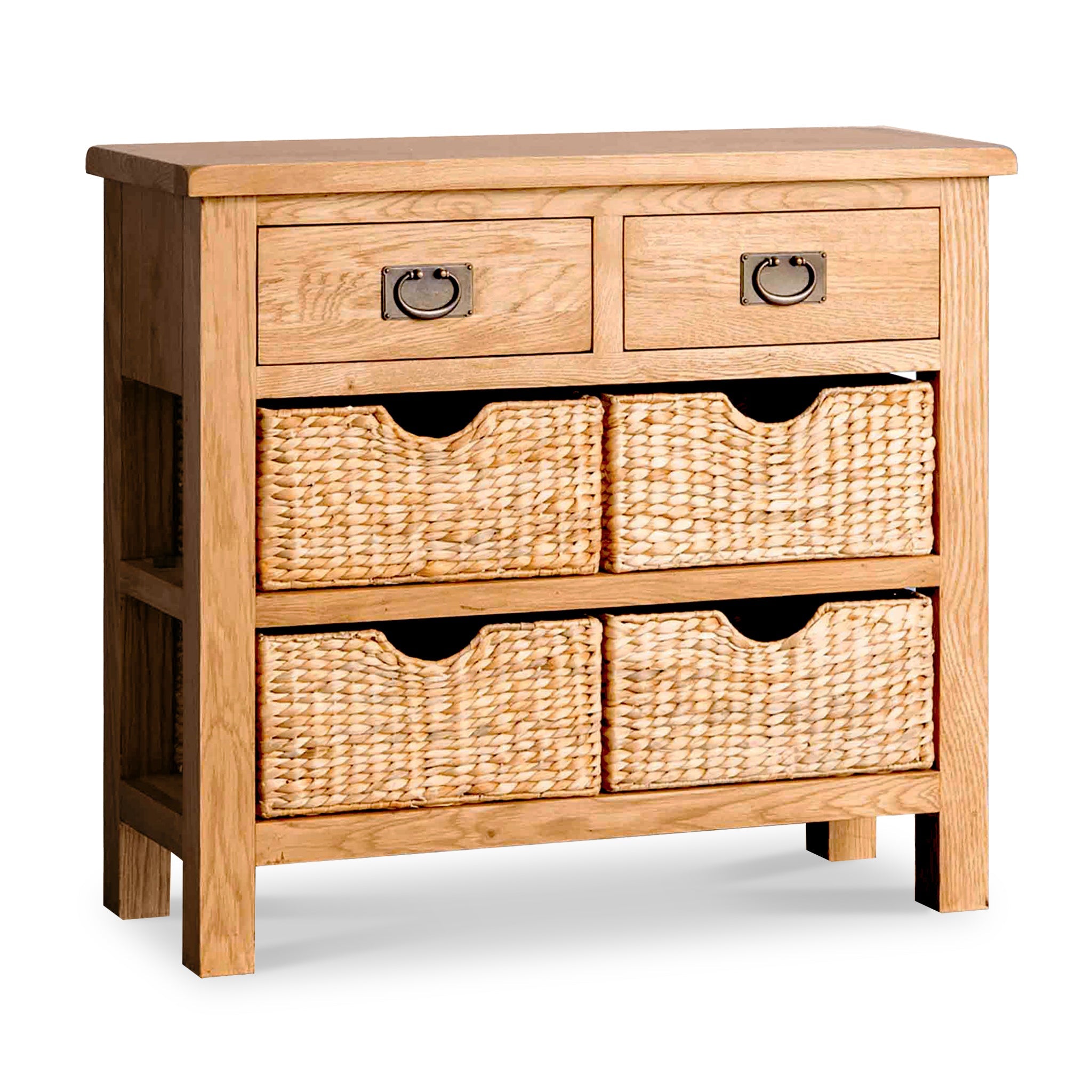 RF3466-Surrey-Oak-Console-Table-with-Baskets-Angle1_6cd4838c-d0c7-4839-9376-9bea76458636 Surrey Oak Console Table with Baskets - Image 1