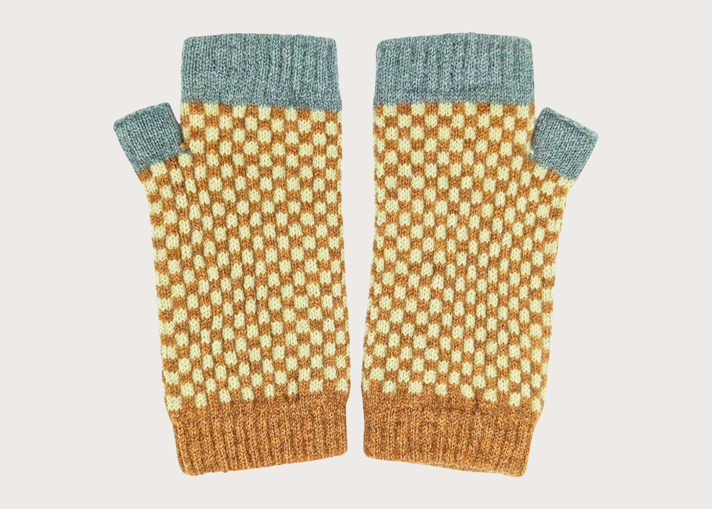 1173579_womens-lambswool-wristwarmers-green-mustard-check_pdp Womens Lambswool Wristwarmers Green/Mustard Check - Image 1