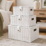 3 White Wicker Storage Baskets Woven Hamper Storage Boxes - Image 8