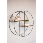 2 Tier Round Floating Wall Shelf Wood Effect Black Metal Frame