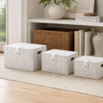3 White Wicker Storage Baskets Woven Hamper Storage Boxes - Image 3