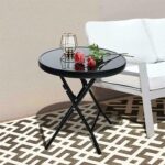 40cm Black Round Folding Side Table Steel Frame Glass Top