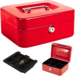 4" Lockable Cash Box with Keys Heavy Duty Steel Money Box Red