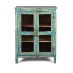 Mint Painted Teak Glazed Side Cabinet From Gujarat - Ca 1940