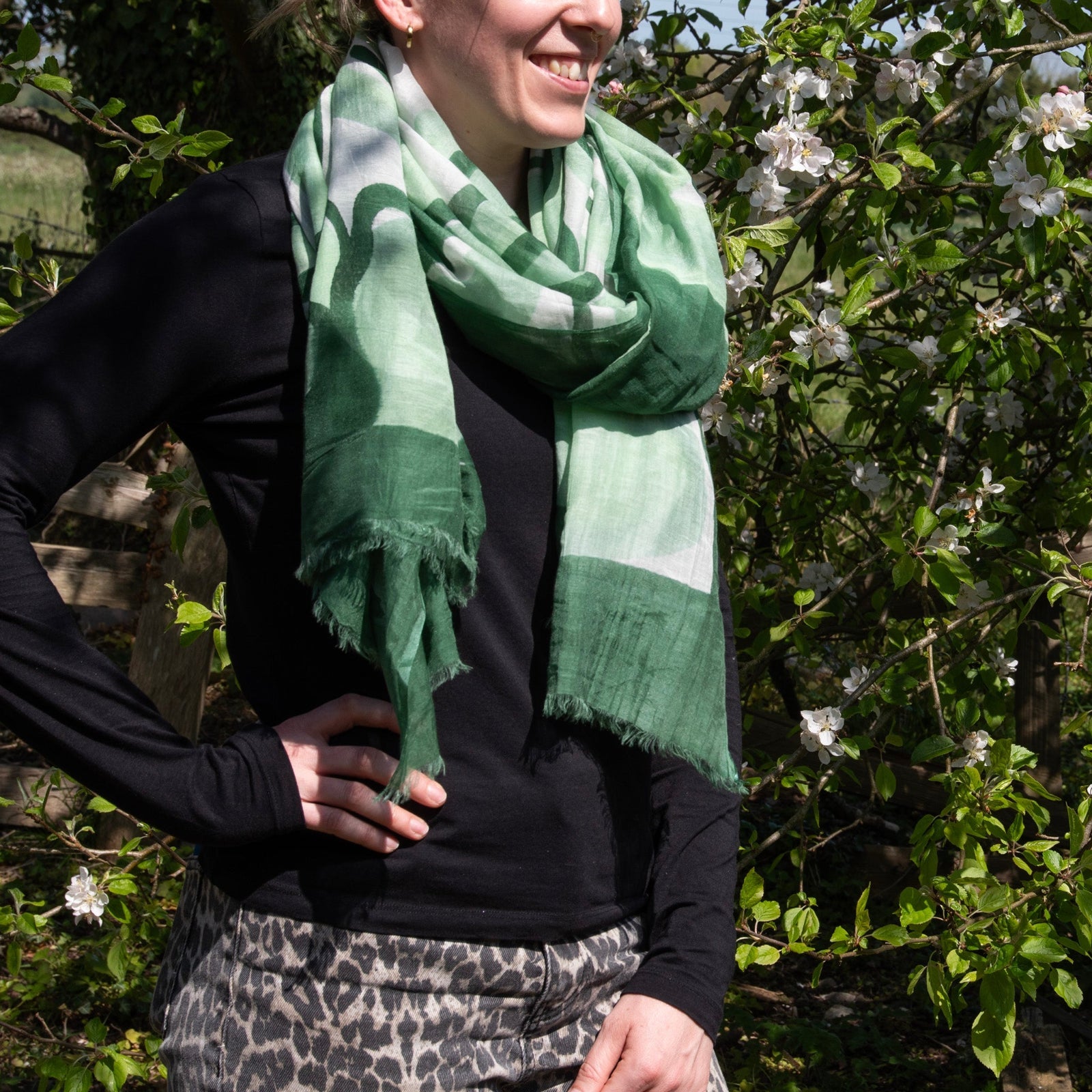 A04272-outdoors Hand Painted Floral Shawl - Sarong Green/ White field - Image 1