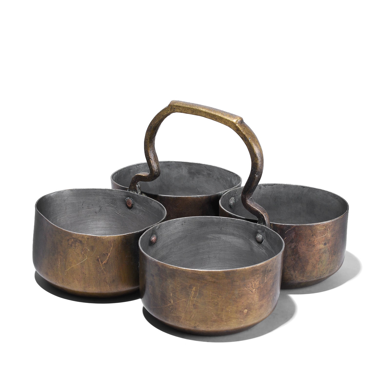 Antique_Indian_Brass_Four_Way_Dusakar_Pickle_Dish_With_Central_Handle_And_Aged_Patina_A01059 Vintage Brass 4 Way Pickle Dish- Ca 1930 - Image 1