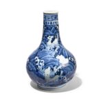 Blue & White Porcelain Small Bottle Vase - Wave Design