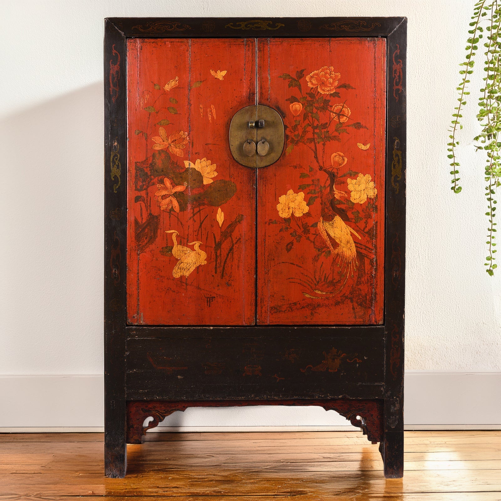 C1882V1Background Red & Black Painted Lacquer Wedding Cabinet From Shanxi -19th Century - Image 1