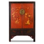 Red & Black Painted Lacquer Wedding Cabinet From Shanxi  -19thC