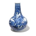 Blue & White Porcelain Small Bottle Vase - Wave Design - Image 2