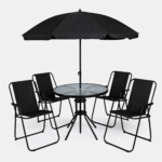 6pc Black Garden Furniture Set Table 4 Chairs and Parasol - Image 4