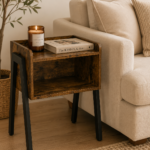Classic Mahogany Side Table with Open Storage and Steel Legs