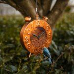 Copper Clock Bird Feeder Hanging Metal Garden Decoration 35cm