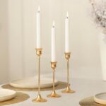 Gold Taper Candle Holders with White Candles Set