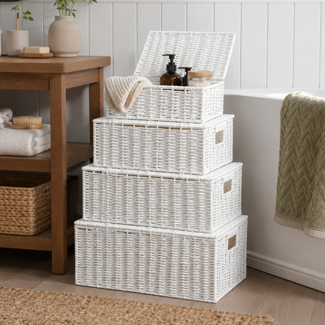 set_of_4_white_wicker_baskets Set of 4 White Wicker Storage Baskets and Gift Hamper Boxes - Image 1