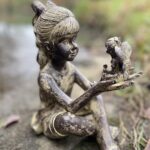 Sitting Girl with Fairy Resin Garden Statue Stone Effect 23cm